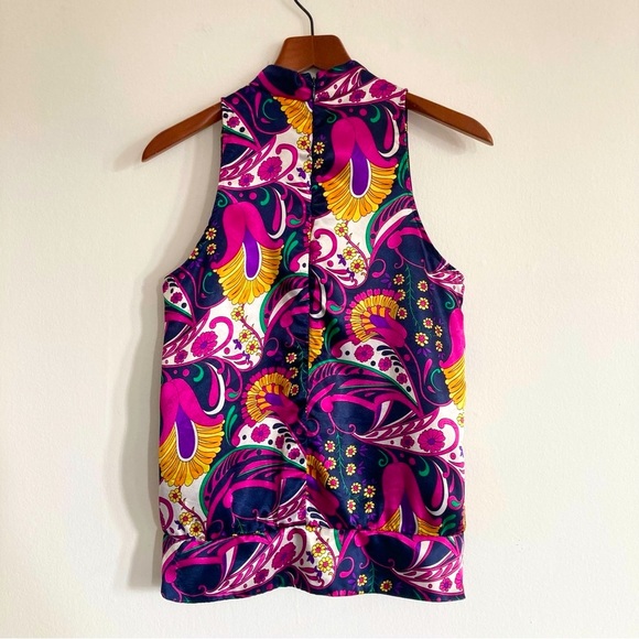 Vintage Floral and Paisley Print Sleeveless Mock Neck Silky Satin Blouse Medium - Picture 8 of 9